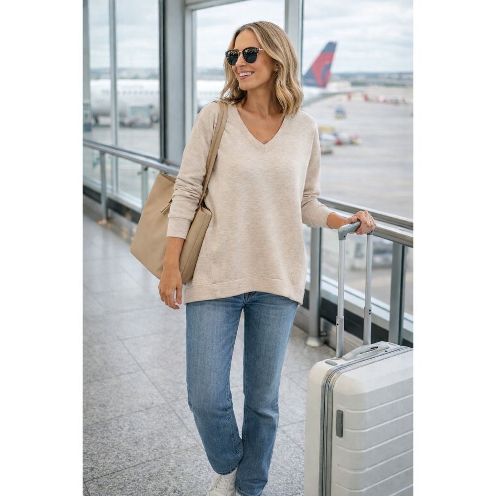 Spanx AirEssentials V-Neck Sweatshirt Oatmeal Heather Small NWT Pullover Top